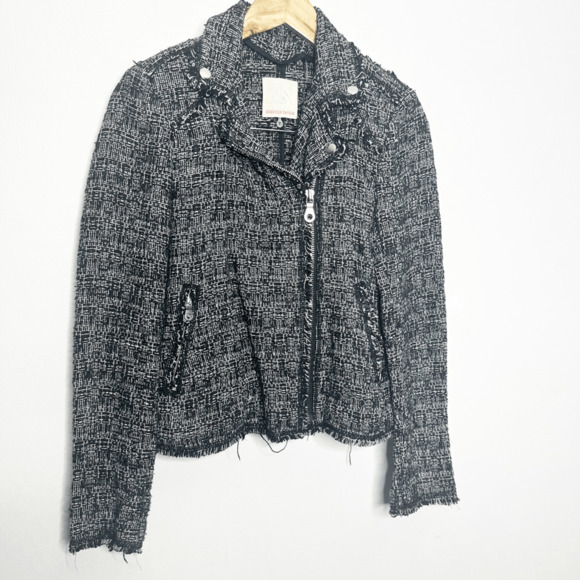 Rebecca Taylor Tweed Moto Jacket black boucle full zip cotton blend womens 2 - Picture 2 of 5